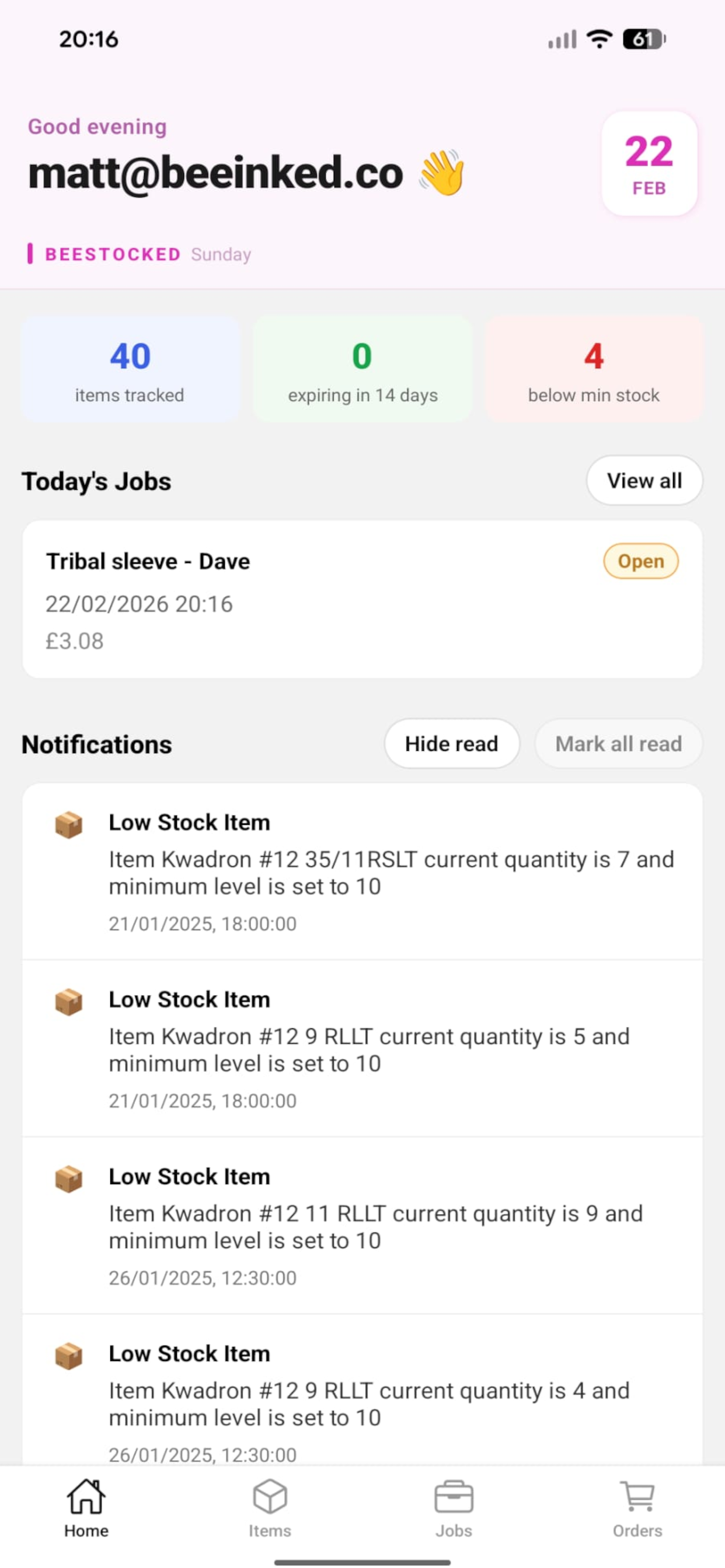Beestocked home screen showing today's jobs, stock warnings, and notifications