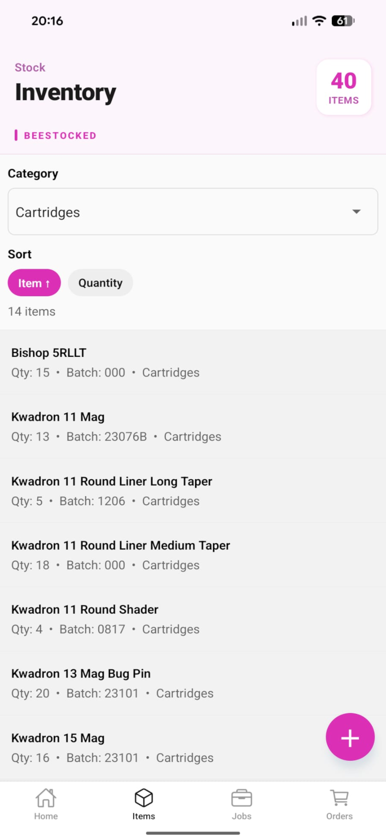 Beestocked inventory list with categories, batch numbers, and expiry dates