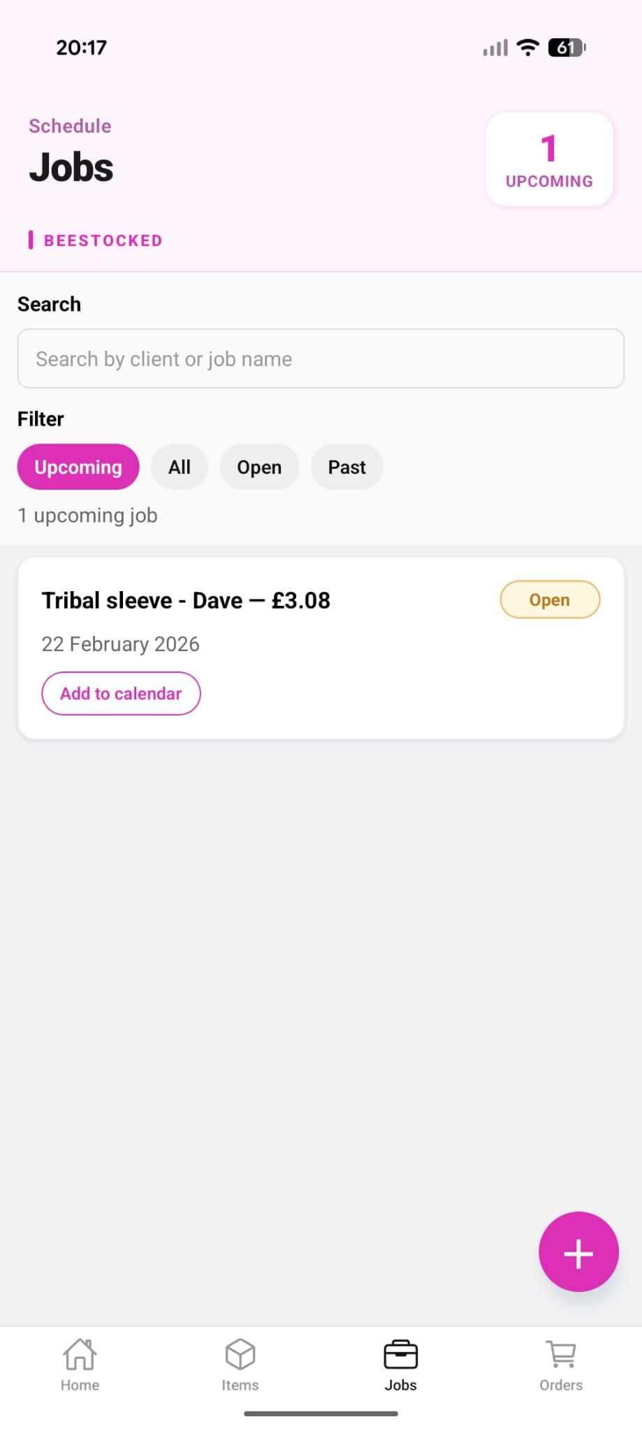 Beestocked jobs screen showing upcoming appointments with status, time, and cost
