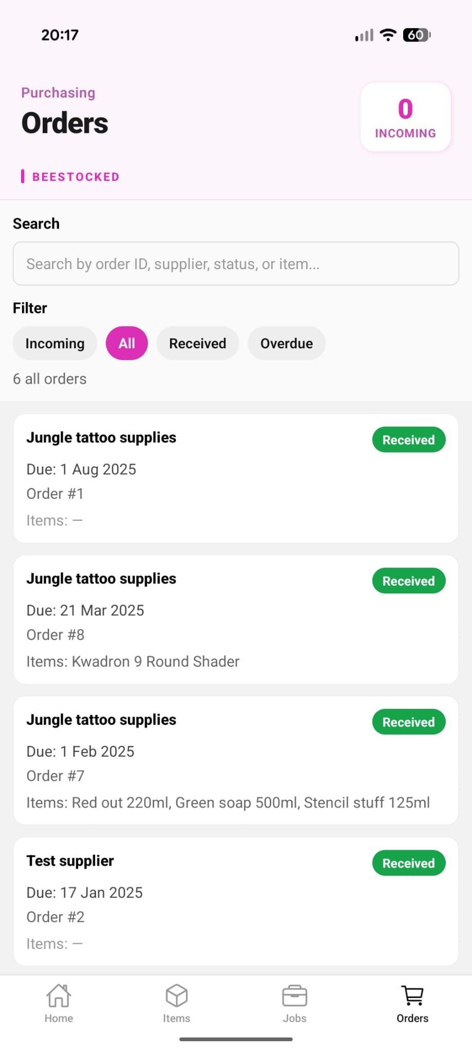 Beestocked orders screen showing supplier purchase orders with due dates and statuses